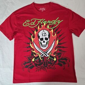Ed Hardy Tattoo Flame Skull Lucky 13 Tee Red T-Shirt Men's Medium Tee NWOT